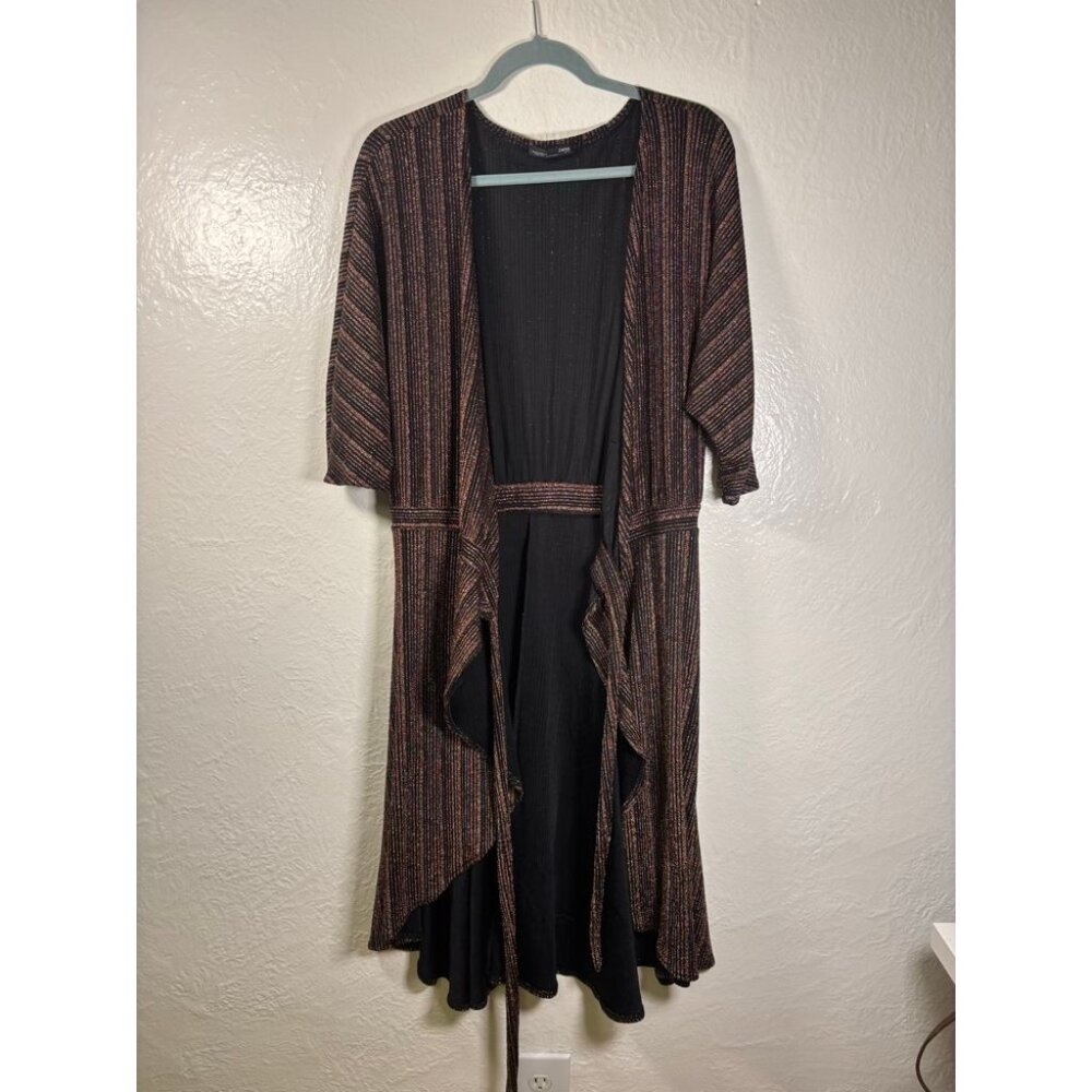 Zara Wrap Dress Black Copper Pinstripe Metallic Medium Wedding Guest Club Bold - Picture 4 of 8